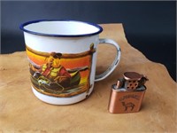 Vintage Camel Enamel Coffee Mug and Lighter