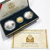 1992 US Mint Columbus Silver & Gold 3 Coin Set