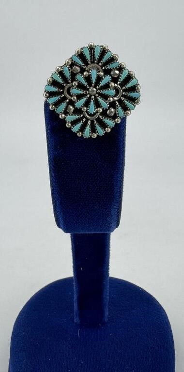Zuni Petit Point Sterling Turquoise Brooch
