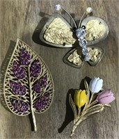 3 VINTAGE PINS BUTTERFLY LEAF TULIPS
