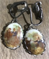 VINTAGE PAINTED PICTURE CLIP EARRINGS