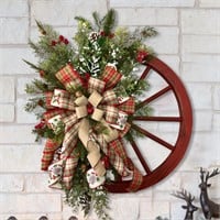 Christmas Wreath  Plaid Bow  Pine Cones