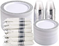 WELLIFE 350pc Silver Disposable Dinnerware Set