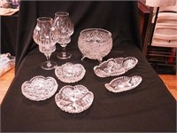 Eight pieces of cut glass: footed bowl 6 1/2"