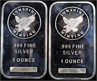 (2) 1 OZ .999 SILVER SUNSHINE MINTING BARS