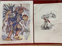 Paper prints Native American and fly fisherman