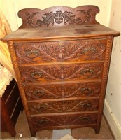 Ornate oak 5 drawer tall chest w/crown c.1880