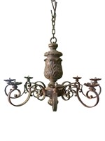 8 Arm Carved Wood, Iron Light with Petal Cups