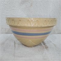Antique yellow ware bowl w/ pink & blue stripes