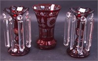 A pair of 8 1/2" ruby overlay lustres, each with