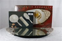 3 Pc Silver Plated Vanity Set & Mirrored Tray