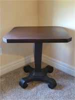 Vtg. Wood Single Post Square Table w/ Scroll Feet