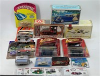 Box Lot with Diecast Car banks.  Matchbox cars, et