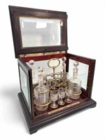 19th C. Mahogany Tantalus w/ Etched Glassware