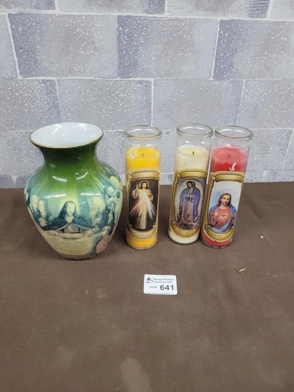 "Jesus" candles and vase