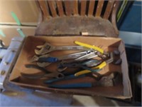 BOX OF TOOLS - PLIERS, CRESENT WRENCH AND MORE