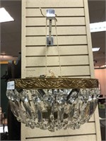 Hanging light fixture, brass with crystal prisms,