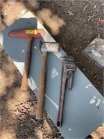 3   TOOLS   PIPE WRENCH , 2 HAMMERS