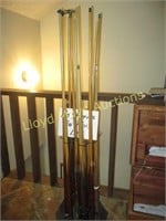 Wood Billiard Cues & Rack - Pool Sticks