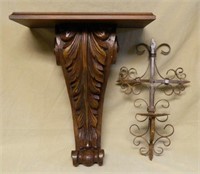 Carved Wooden Corbel and Metal Candle Sconce.