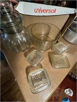 glass cookie jar, trifle bowl, glass dishes w/lids