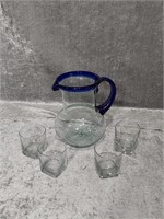 Blue Rim Pitcher & 4 Glasses