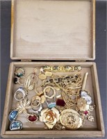 Vintage Wood Cigar Box w/ Assorted Costume Jewelry