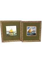 Signed and framed tiles sail boats hand painted