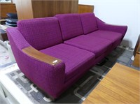 RETRO TEAK FRAMED MAGENTA 3 SEAT UPHOLSTERED SOFA