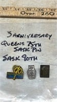3 Anniversary Pins - Queen's 75th, Saskatchewan,