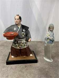 Lladro figurine and Japanese sculpture