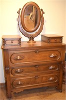 Antique 5 Drawer Walnut Dresser w/ Built-on Mirror