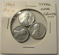 (3) Steel War Pennies, 1943 P, D, S