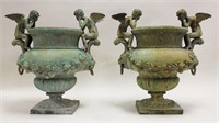 (2) Neoclassical Bronze Cherub Handled Garden Urns