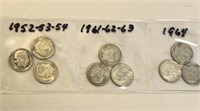 SILVER Roosevelt Dime Lot x 9 1952-1964