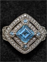 $300 Silver Blue Topaz CZ Ring (~weight 5.48g)