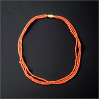 Triple Strand Coral Necklace W/ 14K Yellow Gold
