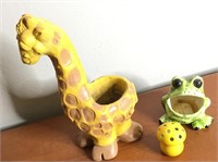 Vtg 70's Resin Giraffe & Ceramic Frog Planters
