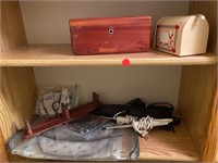 Cedar box, mailbox, radio, curling irons, more