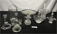 8 pcs. Glass Candlesticks, Cake Stand & Baskets