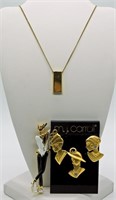 Gold Tone Bar Style Necklace & 4 Pins