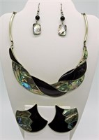 Black Enameled Silver Tone Necklace & Earrings Set