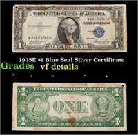 1935E $1 Blue Seal Silver Certificate Grades vf de