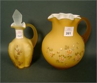 2 Pc L.G. Wright Amber Stain W/ Enamel Decorations