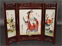 Chinese Painted Ceramic Tile Wood Folding Screen
