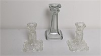 VINTAGE PRESSED CANDLE STICKS AND CLEAR GLASS CAND