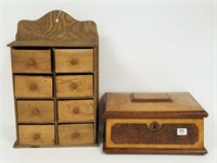 Antique wooden spice box with wooden sewing box