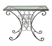 WROUGHT IRON AND GLASS CONSOLE W WINE STORAGE
