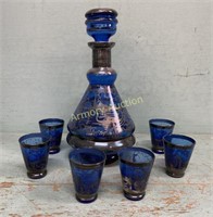 BLUE GLASS W SILVER OVERLAY DECANTER & CORDIALS