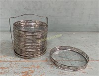 8 WEBSTER STERLING & GLASS COASTERS IN STAND